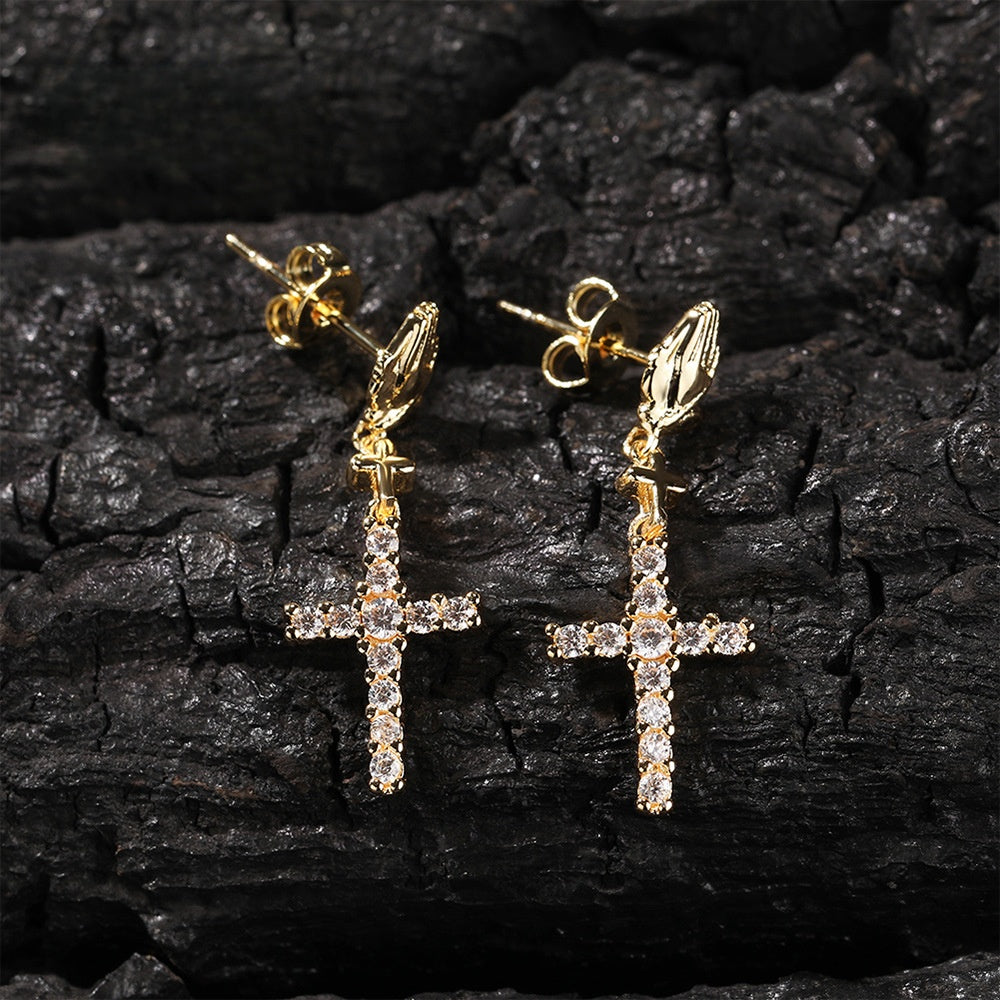 Unisex Cross Drop Earrings with Cubic Zirconia in Gold or Silver Tone – Trendy Hip Hop Statement Earrings