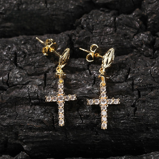 Unisex Cross Drop Earrings with Cubic Zirconia in Gold or Silver Tone – Trendy Hip Hop Statement Earrings