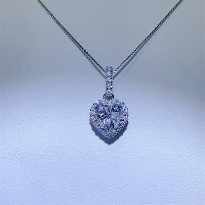 Heart Moissanite Pendant Necklace with Paved Halo Chain