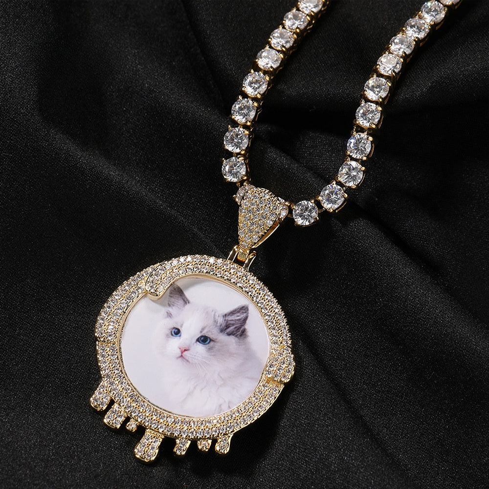 Iced Round Photo Pendant Necklace with 24 Inch Twist Chain, Gold or Silver Plated Hip Hop Statement Chain