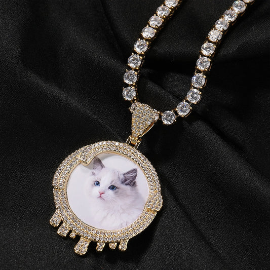 Iced Round Photo Pendant Necklace with 24 Inch Twist Chain, Gold or Silver Plated Hip Hop Statement Chain