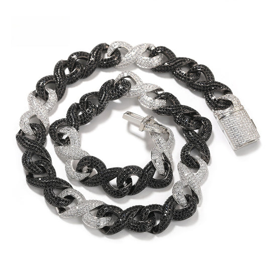 Iced Out Black & Silver Cuban Link Chain Necklace with Double Ring Pendant for Women & Men