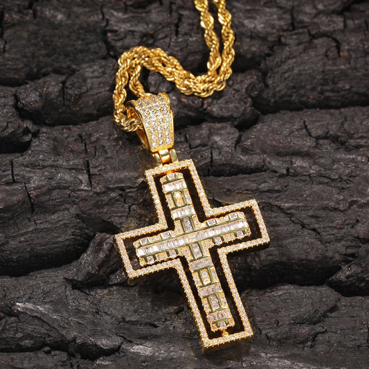 Cubic Zirconia Cross Pendant Necklace for Women with 24 Inch Twisted Chain, Gold Plated or Silver Plated Statement Jewelry