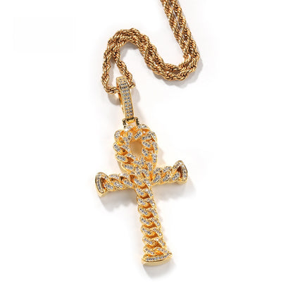 Iced Cross Pendant Necklace with Cubic Zirconia Twisted Chain, Gold Tone Statement Hip Hop Necklace