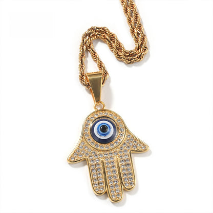 Gold Plated Evil Eye Hamsa Hand Pendant Necklace with Cubic Zirconia Hip Hop Statement Chain
