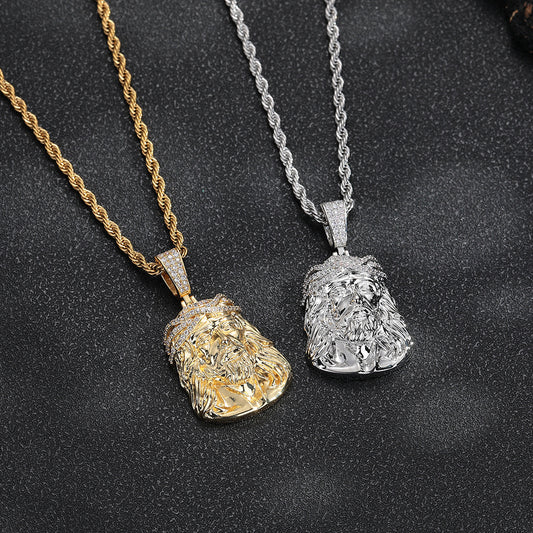 Men's Retro Portrait Pendant Necklace, Rope Chain, Hip Hop CZ Statement Chain