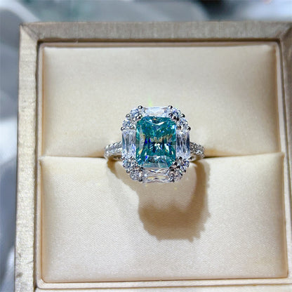 3 Carat Green Radiant Cut Moissanite Halo Ring for Women, Geometric Engagement Ring, Rectangular Statement Ring