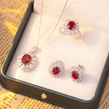 Lab-Created Ruby Halo Ring Set with Matching Necklace and Earrings