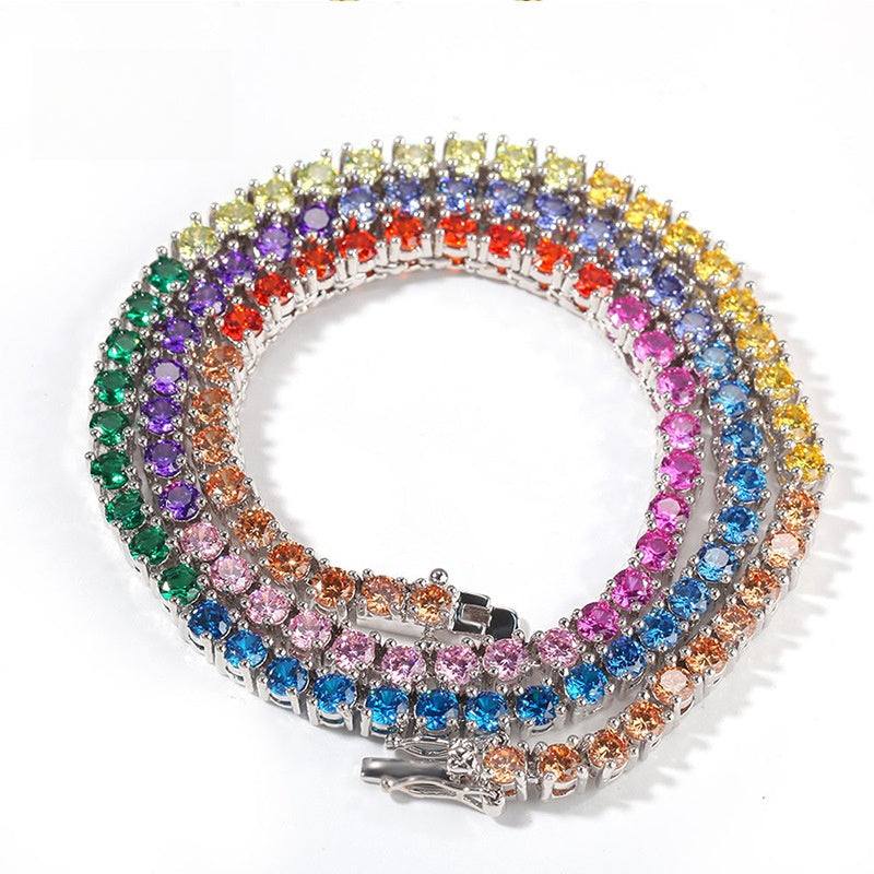 Unisex Rainbow Tennis Chain Necklace with Cubic Zirconia Pendant Look, Gold Plated & Silver Plated Statement Jewelry