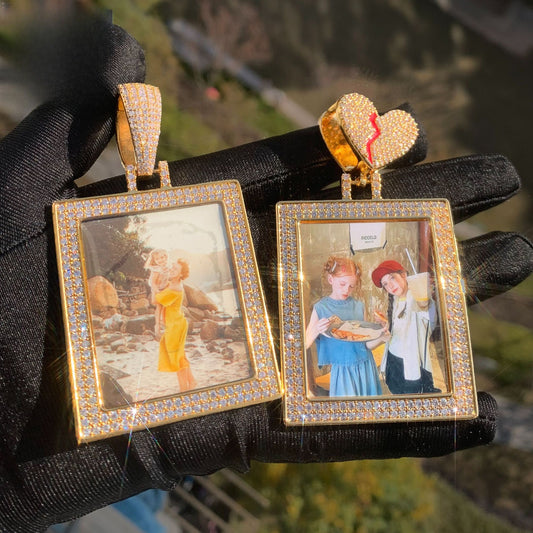 Iced Out Heart Photo Frame Pendant Necklace Unisex Hip Hop Jewelry