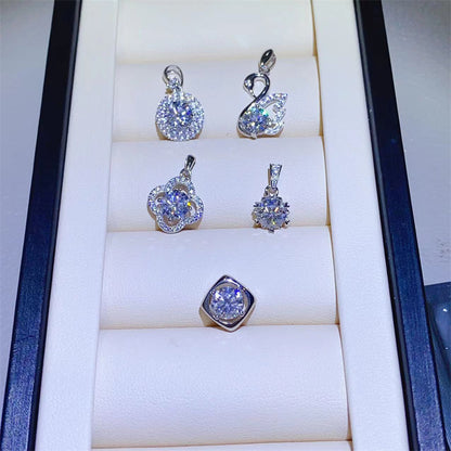 Moissanite Ring & Pendant Collection – U Shape Halo Ring, Swan, Clover and Solitaire Pendant Styles