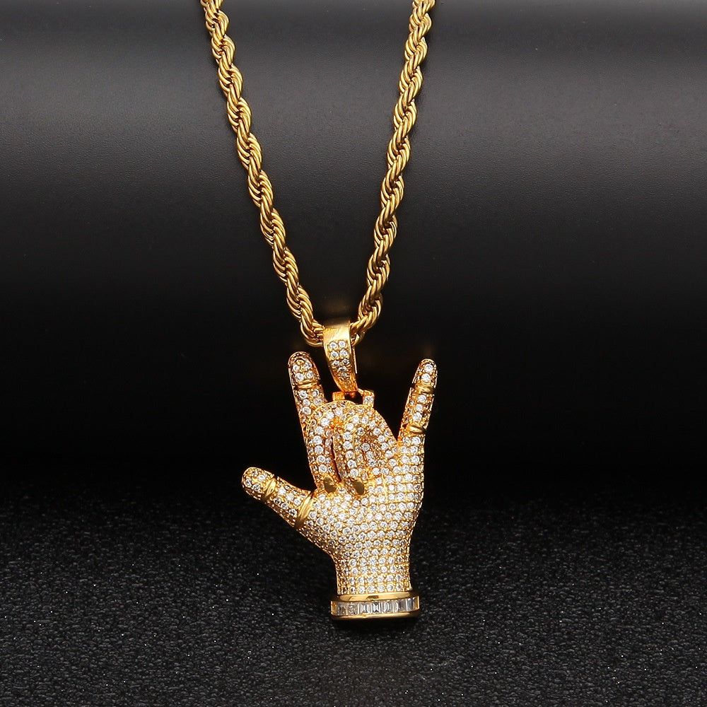 Iced Hand Gesture Pendant Necklace with Cubic Zirconia – Hip Hop Statement Chain for Women & Men