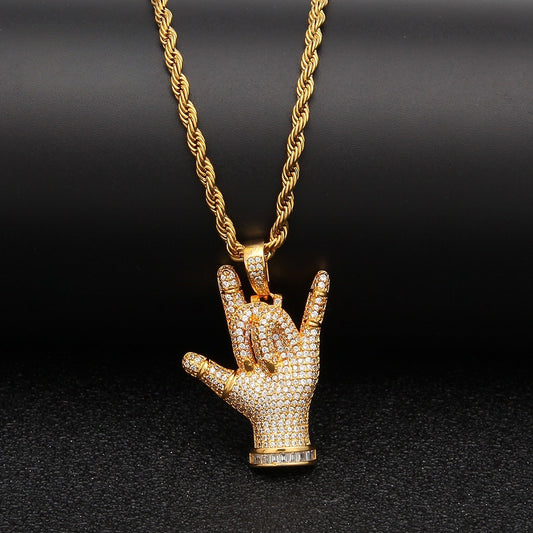 Iced Hand Gesture Pendant Necklace with Cubic Zirconia – Hip Hop Statement Chain for Women & Men