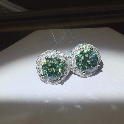 Green Moissanite Halo Stud Earrings for Women, Round Cut 6 Carat Total Ear Studs