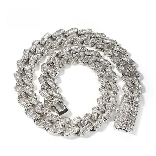 Iced Out Cuban Link Chain Necklace Bracelet Set with Cubic Zirconia Pendant for Women and Men