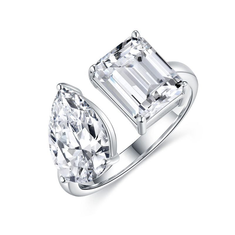 925 Silver Moissanite Open Ring for Women, Double Stone Pear and Emerald Cut, 3+3 Carat Style product image