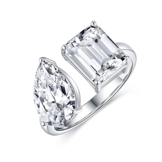 925 Silver Moissanite Open Ring for Women, Double Stone Pear and Emerald Cut, 3+3 Carat Style product image