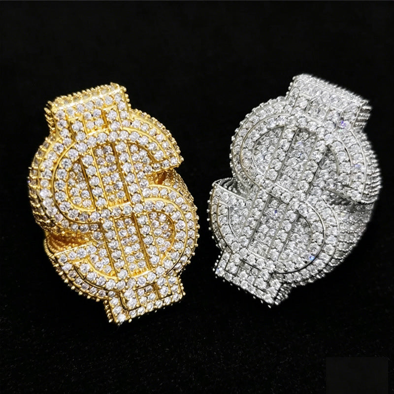925 Silver Moissanite Dollar Sign Ring for Women & Men - Iced Out Hip Hop Statement Unisex Ring product image