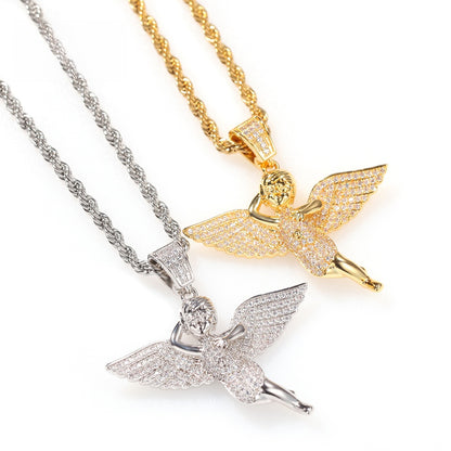 Iced Angel Pendant Necklace with Cuban Chain - Gold Plated or Silver Plated Cubic Zirconia Statement Chain