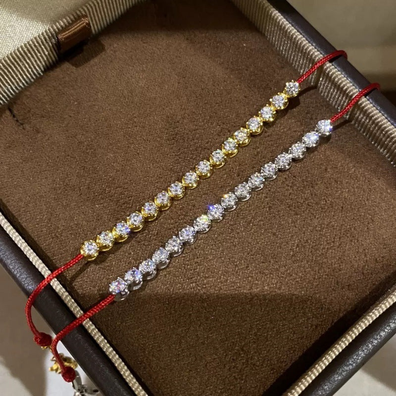 Moissanite Tennis Bracelet on Red Cord, Round Stone Adjustable Bracelet for Women product image