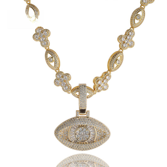 Iced Evil Eye Pendant Necklace for Women with Cubic Zirconia, Gold Plated or Silver Plated Statement Chain Necklace