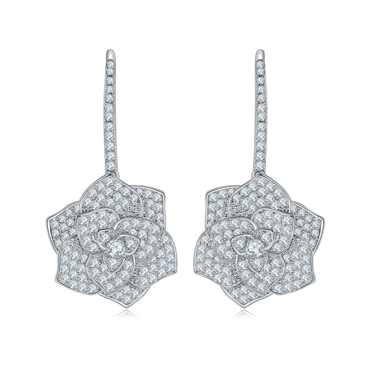 Floral Crystal Drop Earrings, Sparkling Camellia Flower Dangle Earrings for Women product image