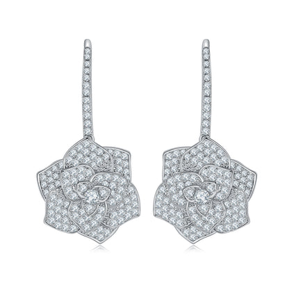 Floral Crystal Drop Earrings, Sparkling Camellia Flower Dangle Earrings for Women