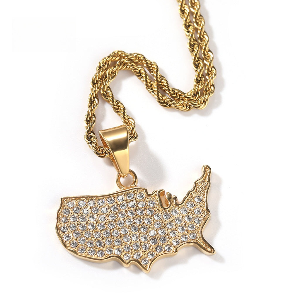 Men’s Gold Tone USA Map Pendant Necklace - Iced Out Stainless Steel Rope Chain Statement Necklace product image