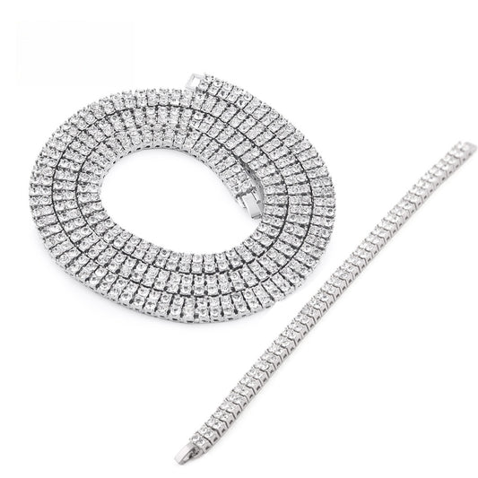 Men’s Iced Out Bracelet and Necklace Set – 2 Row Cubic Zirconia Chain Set in Gold, Silver or Black