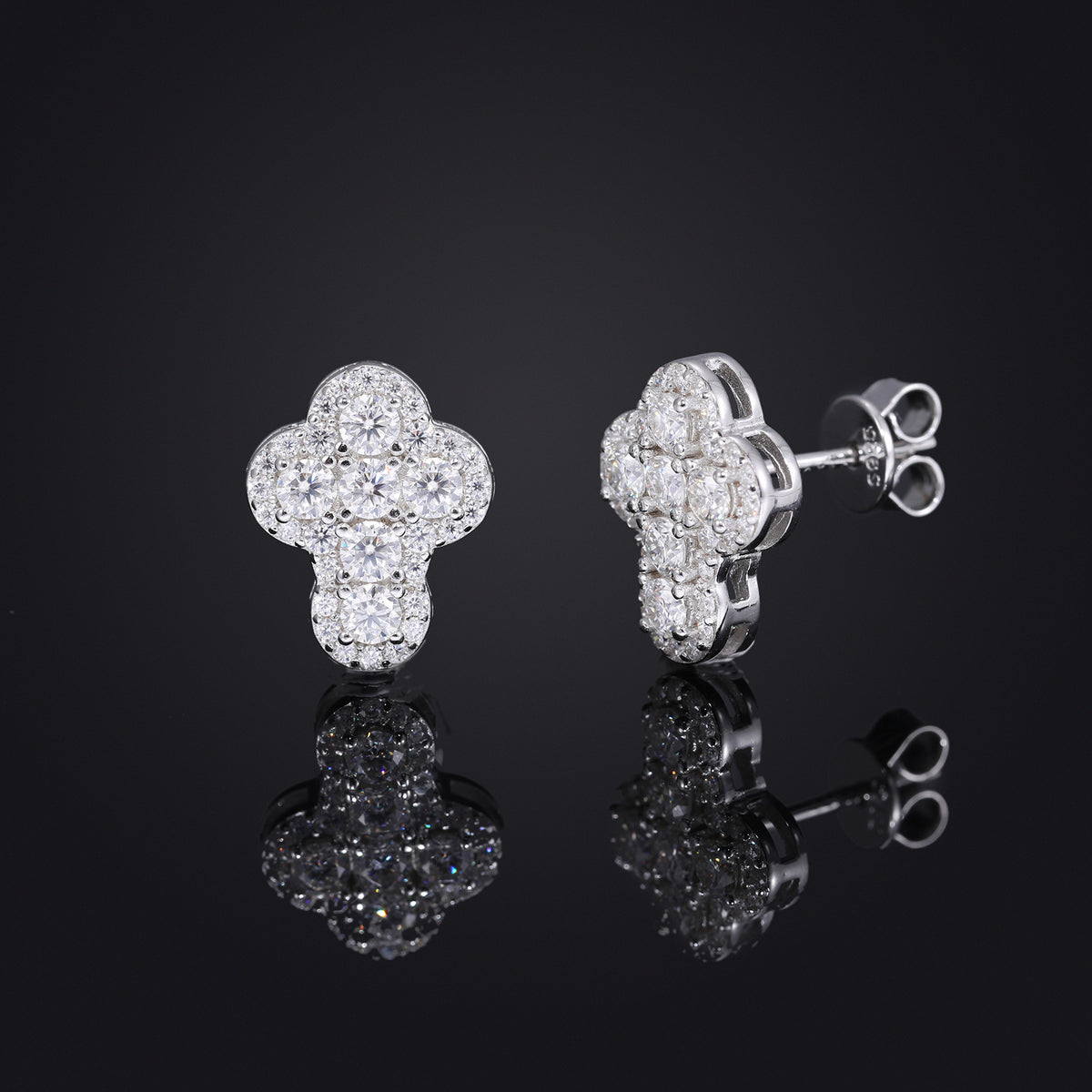 White-Tone Moissanite Clover Stud Earrings, Geometric Unisex Ear Studs product image