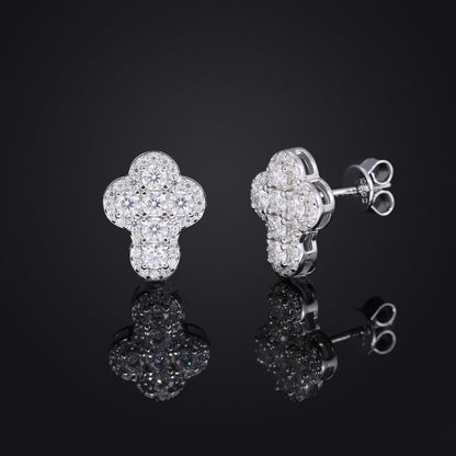 White-Tone Moissanite Clover Stud Earrings, Geometric Unisex Ear Studs