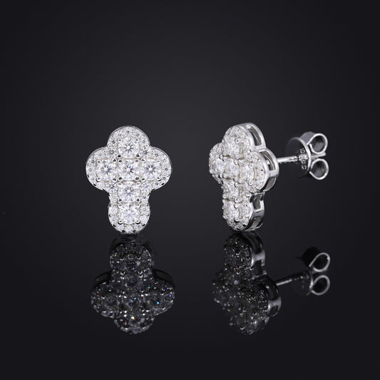 White-Tone Moissanite Clover Stud Earrings, Geometric Unisex Ear Studs product image