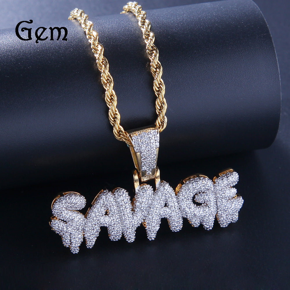 Iced Out English Letter Pendant Necklace for Women and Men, Gold Plated Copper Hip Hop Chain with Cubic Zirconia Statement Charm