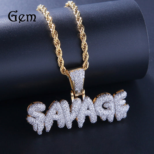 Iced Out English Letter Pendant Necklace for Women and Men, Gold Plated Copper Hip Hop Chain with Cubic Zirconia Statement Charm