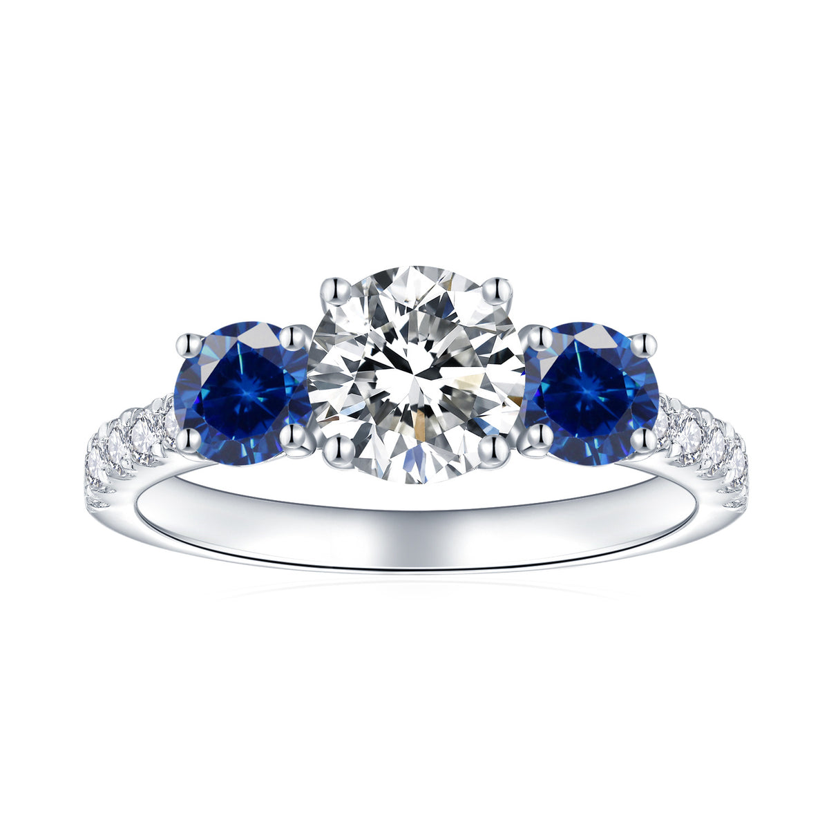 Three-Stone Moissanite Ring for Women, Blue Accent Engagement Ring product image