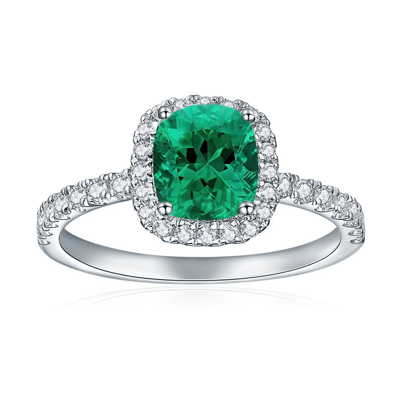 S925 Sterling Silver Lab-Grown Emerald Halo Ring, Cushion Cut product image