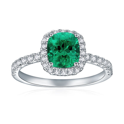 S925 Sterling Silver Lab-Grown Emerald Halo Ring, Cushion Cut