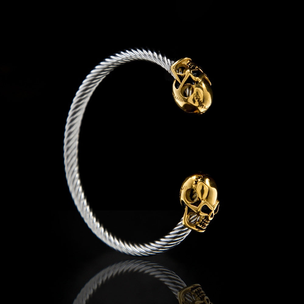 Unisex Vintage Skull Cuff Bracelet in Stainless Steel – Statement Bangle with Cubic Zirconia Accent