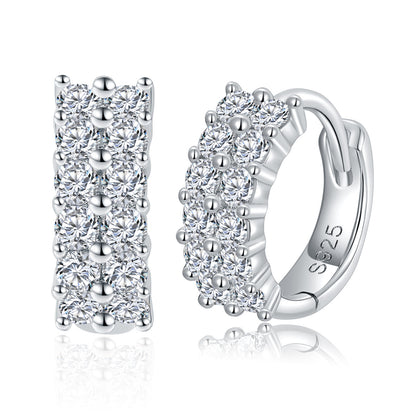 Double Row Clear Stone Hoop Earrings, 925 Marked Huggie Hoops