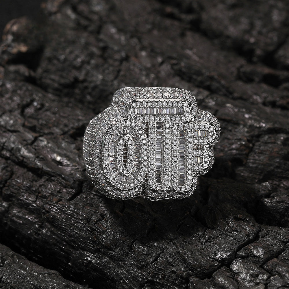 Men’s Iced Out Letter Ring with Cubic Zirconia – Hip Hop Statement Silver & Two-Tone Ring