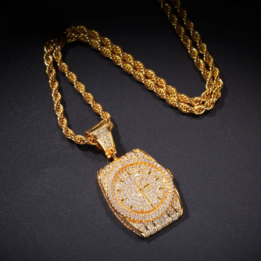 Iced Watch Pendant Necklace for Men & Women – Cubic Zirconia Square Statement Chain in Gold or Silver Tone