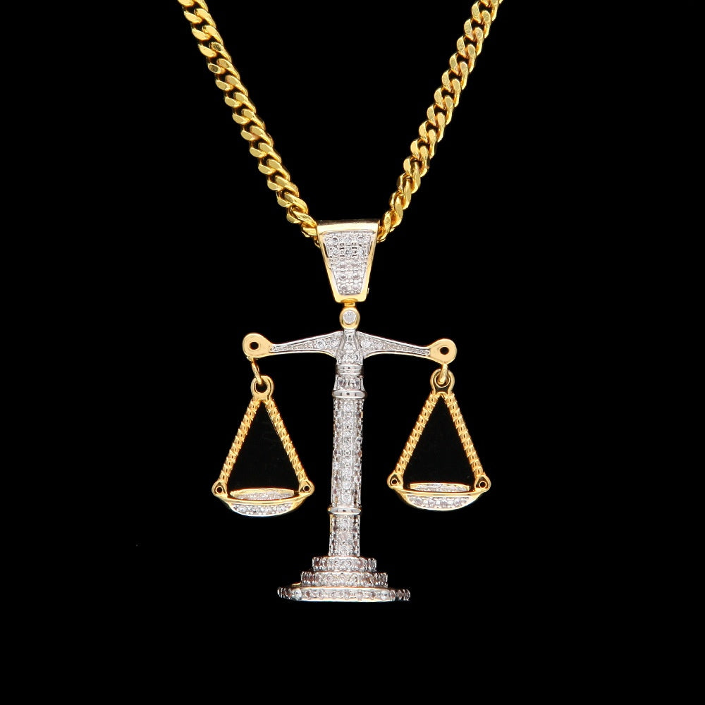 Libra Scales Pendant Necklace with Cuban Chain - Gold, Silver or Two-Tone Cubic Zirconia Statement Necklace for Women & Men