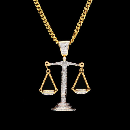 Libra Scales Pendant Necklace with Cuban Chain - Gold, Silver or Two-Tone Cubic Zirconia Statement Necklace for Women & Men