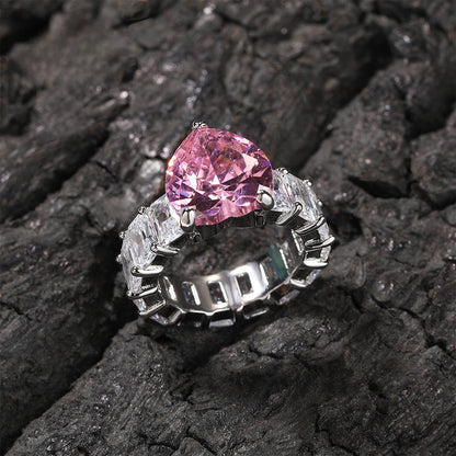 Heart Cut Pink Cubic Zirconia Ring for Women & Men - Elegant Silver Tone Stackable Statement Ring