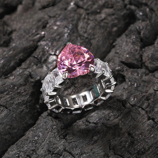 Heart Cut Pink Cubic Zirconia Ring for Women & Men - Elegant Silver Tone Stackable Statement Ring