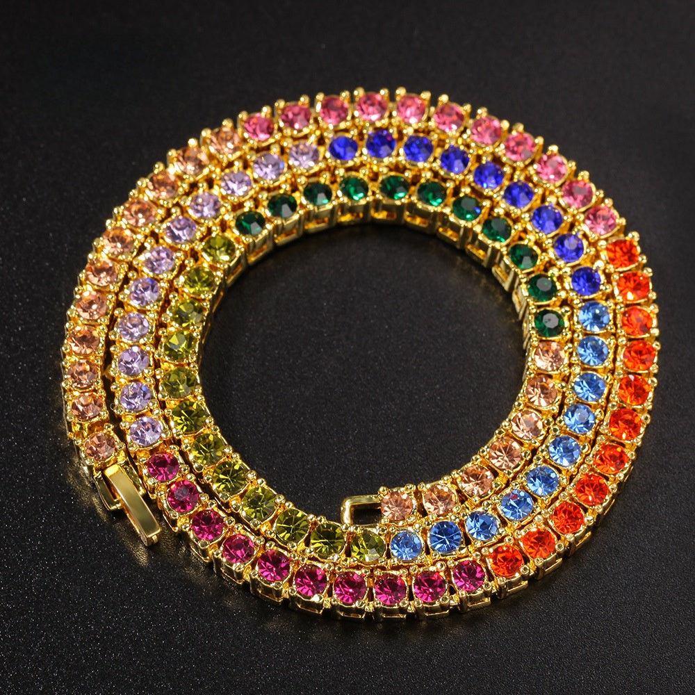 Men’s Rainbow Crystal Line Chain Necklace - Gold Plated & Silver Plated Statement Pendant Necklace, 16/18/20 Inch