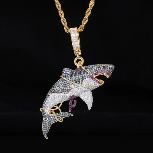 Iced Out Shark Pendant Necklace in Gold Tone with Cubic Zirconia Hip Hop Statement Chain product image