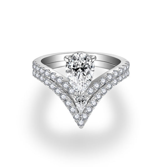 Pear-Shaped Moissanite Engagement Ring, S925 18k White Gold Plated V Pavé Ring for Women product image