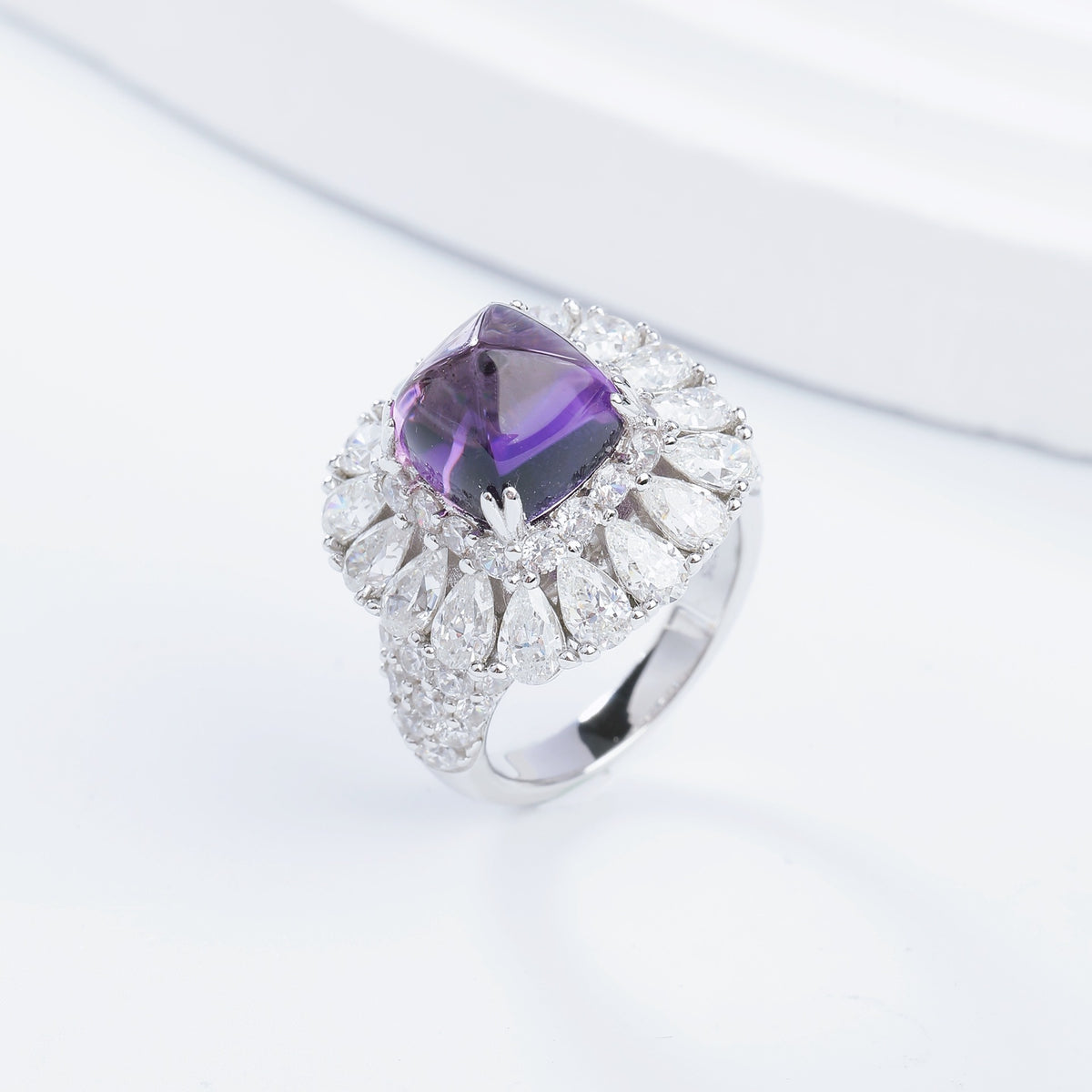 Natural Amethyst Halo Ring, Purple Gemstone Cluster Ring for Women product image