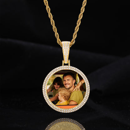 Iced Out Round Photo Pendant Necklace for Men and Women, Geometric Cuban Link Style Chain in Gold, Silver or Rose Gold Tone